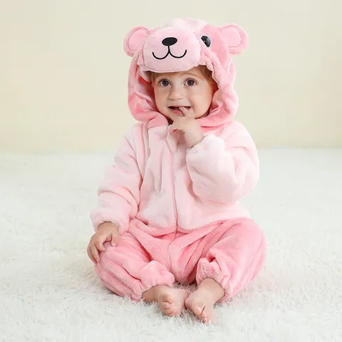 Mameluco de Flanela de Animal de Dibujos Animados Lindo con Capucha Manga Larga Jumpsuit Bebé Cálido Ropa de Dormir