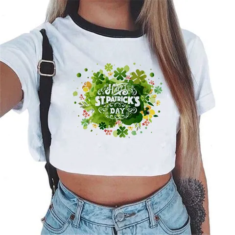 Womens St Patricks Day Shamrock Clover Print Short Sleeve Crew Neck Casual Crop Top Tee