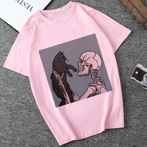 Women Casual Short Sleeve Crew Neck T-Shirt Vintage Skull And Cat Graphic Print Loose Fit Polyester Pullover Top
