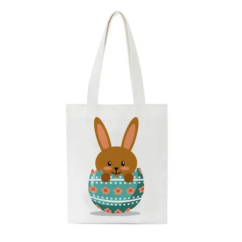 Easter Bunny Printed Canvas Tote Bag Reusable Shopping Bag Casual Eco Friendly Shoulder Bag Holiday Party Gift Bag