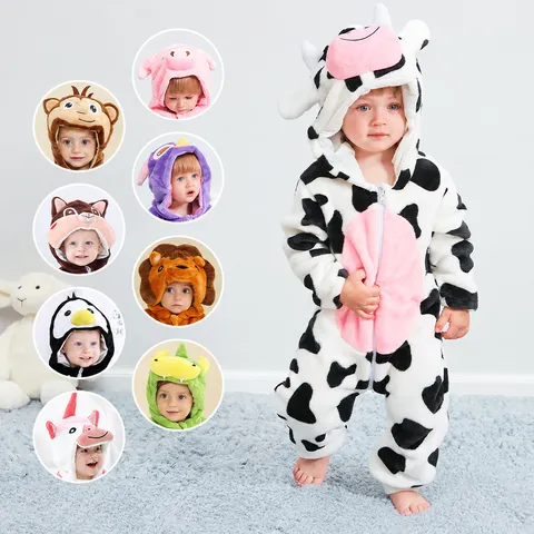 Baby Flannel Animal Romper Cute Cartoon Hooded Zipper Jumpsuit Winter Warm Infant Baby Clothing Playsuit