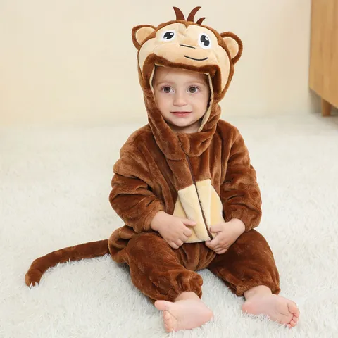 Baby Flannel Animal Romper Cute Cartoon Hooded Zipper Jumpsuit Winter Warm Infant Baby Clothing Playsuit