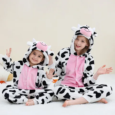 Kids Flannel Cartoon Animal One-Piece Pajamas Cute Hooded Romper Cosplay Jumpsuit Nightwear For Boys Girls