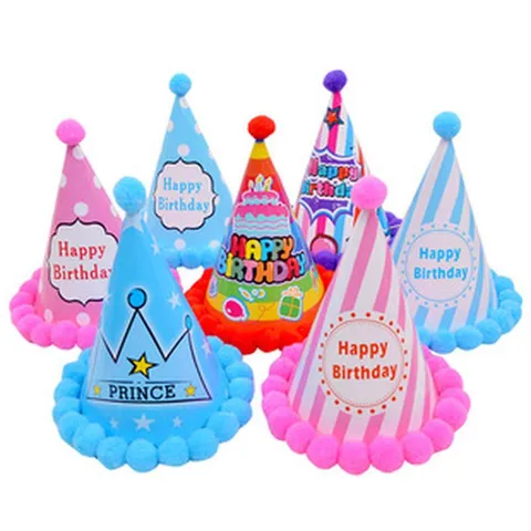 Niños Adultos Sombrero de Fiesta de Cumpleaños Sombrero de Papel Cónico Con Pompon Diseño Colorido de Lunares Rayas Suministros de Decoración