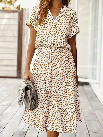 Vestido Casual de Mujer Cuello en V Botón Cintura Atada Manga Corta Verano Corte Recto Largo Poliéster Punto Abstracto
