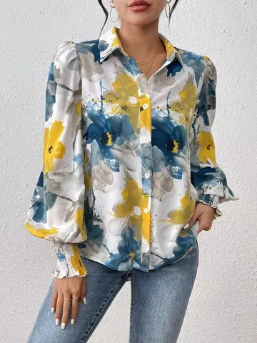 Damen Casual Umlegekragen Langarm Puffärmel Lose Gedruckt Hemd Knopf Verschluss Vintage Elegante Bluse Top