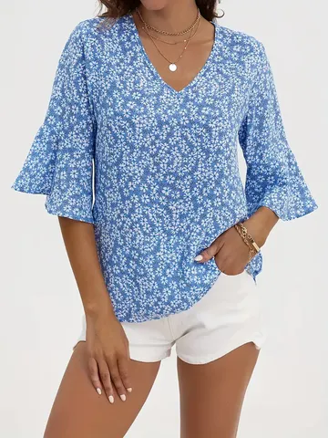 Damen Casual V-Ausschnitt Blumendruck Kurzarm Bluse Lose Sommer Pendler Pullover Hemd Top