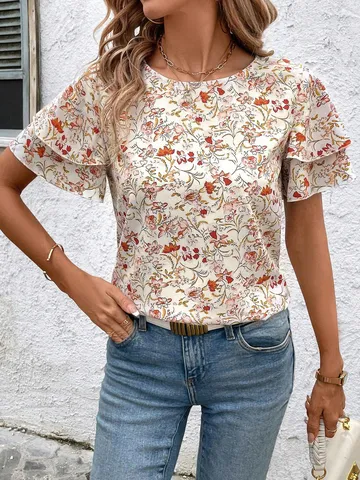 Damen Casual Loose Blumenmuster Kurzarm Bluse V-Ausschnitt Rüschen Blütenblatt Ärmel Elegantes Sommer Alltag Top