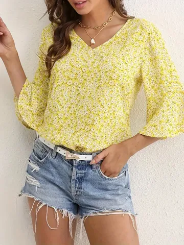 Damen Casual V-Ausschnitt Blumendruck Kurzarm Bluse Lose Sommer Pendler Pullover Hemd Top