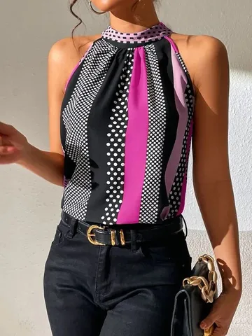 Damen Sommer Mode Halter-Neck Stehkragen Polka Dot Streifen Farbblock Ärmellos Slim Fit Casual Tank Top