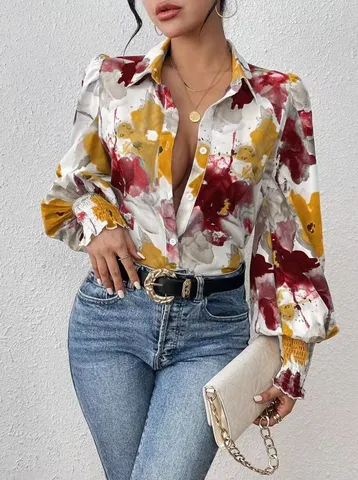 Damen Casual Umlegekragen Langarm Puffärmel Lose Gedruckt Hemd Knopf Verschluss Vintage Elegante Bluse Top