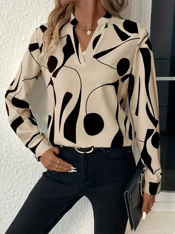 Damen Casual Langarm V-Ausschnitt Hemd Abstrakt Bedruckt Lose Bluse Mode Elegant Pendler Tägliches Top