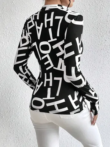 Damen Herbst Winter Casual Slim Fit Langarm Bedruckt T-Shirt Basic Pullover Top