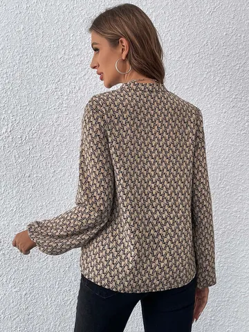 Damen Französisch Elegant V-Ausschnitt Langarm Laternenärmel Geometrisch Bedruckt Bluse Regular Fit Pendeln Hemd Oberteil