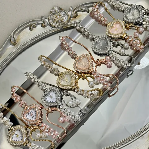 Herzförmige Strass Quarz Uhr Für Damen Zweireihiges Künstliche Perle Armbanduhr Kordelzug Kette Elegante Mode Armbanduhr