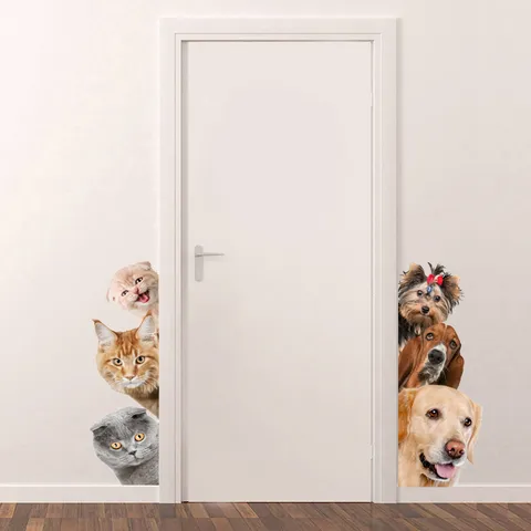 Sticker Mural Chat Et Chien Mignon Simulé 3D Imperméable Autocollant Mural Créatif D'Angle Pour Salon Chambre Décoration D'Intérieur