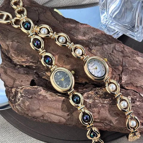 Luxus Vintage Künstliche Perlen Armbanduhr Für Damen Elegante Ovale Quarz Armbanduhr Gold Vergoldete Legierung Kette Armband Uhr Mode Schmuck Geschenk