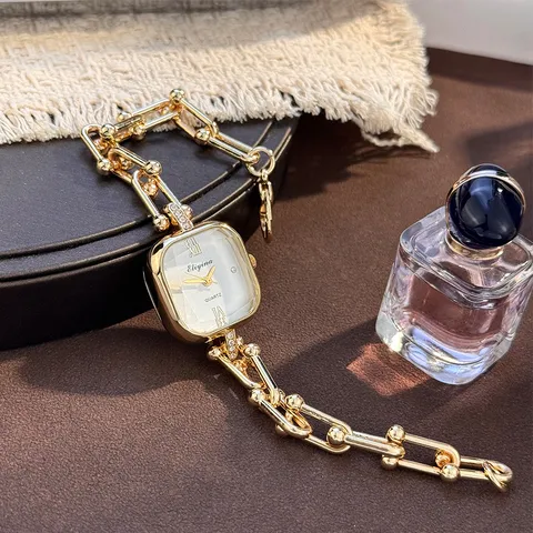 Luxuriöse Kleine Quadratische Quarzuhr Für Damen Vintage Goldkette Armbanduhr Facettiertes Glas Mode Schmuck Armbanduhr