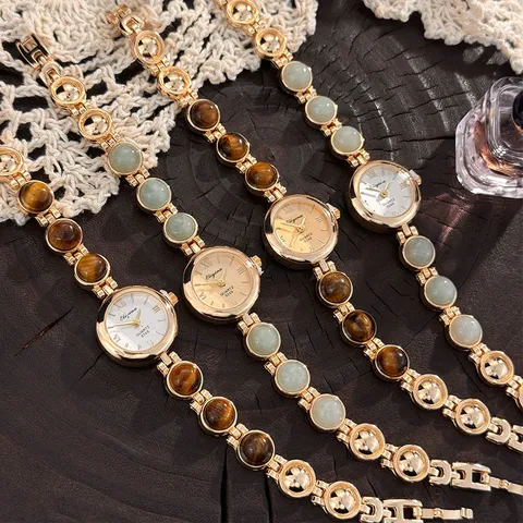 Eliyina Retro Leichter Luxus Damen Quarz Armbanduhr Tigerauge Malachit Perlen Armband Uhr Gold Legierung Schmuck Armbanduhr