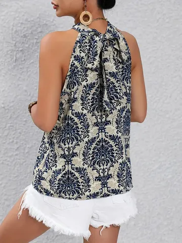 Women's Casual Halter Neck Floral Printed Sleeveless Blouse Elegant Summer Fashion Commuting Daily Wear Top