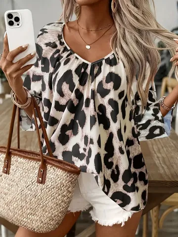 Damen Mode Casual Leopardenmuster V-Ausschnitt Langarm Bluse Loose Fit Pendler Hemd Top