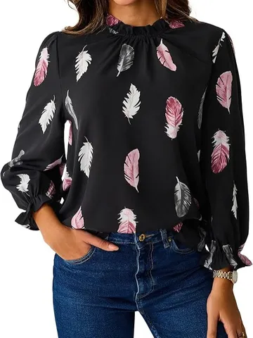Damen Casual Langarm Bluse Elegantes Rundhals Bedrucktes Shirt Mode Pendler Top
