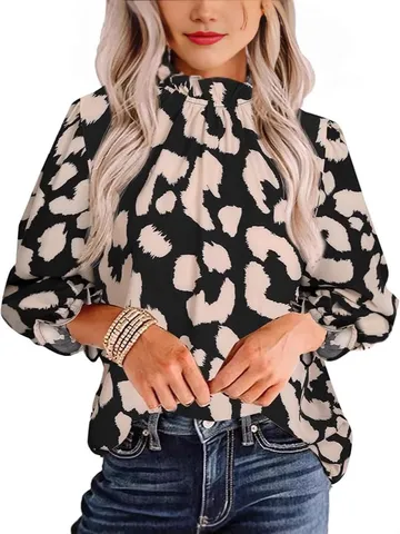 Damen Casual Langarm Bluse Elegantes Rundhals Bedrucktes Shirt Mode Pendler Top
