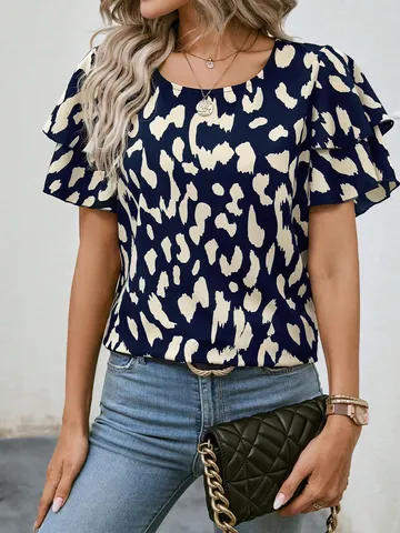 Damen Casual Locker Polka Dot Druck Kurzarm T-Shirt Rundhals Rüschenärmel Pullover Sommer Top