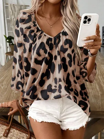 Damen Mode Casual Leopardenmuster V-Ausschnitt Langarm Bluse Loose Fit Pendler Hemd Top