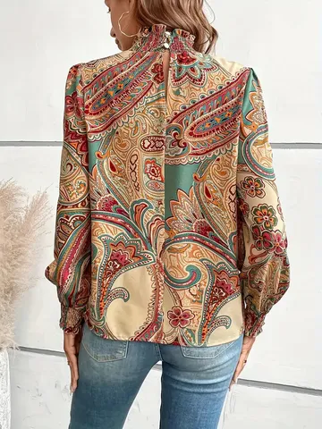 Damen Casual Stehkragen Langarm Bluse Vintage Paisley Blumenmuster Gesmokte Laternenärmel Regular Fit Hemd