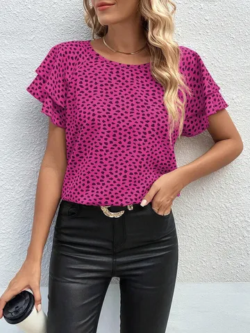 Damen Casual Polyester Bedruckt Kurzarm Rundhals Lockere Passform Pullover Top Sommer Mode Bluse
