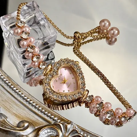 Herzförmige Strass Quarz Uhr Für Damen Zweireihiges Künstliche Perle Armbanduhr Kordelzug Kette Elegante Mode Armbanduhr