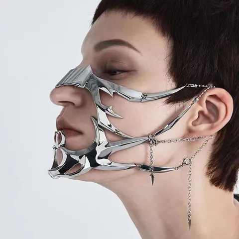 Cyberpunk Metal Half Face Mask Chain Gothic Techwear Cosplay Facial Jewelry Halloween Party Accessories