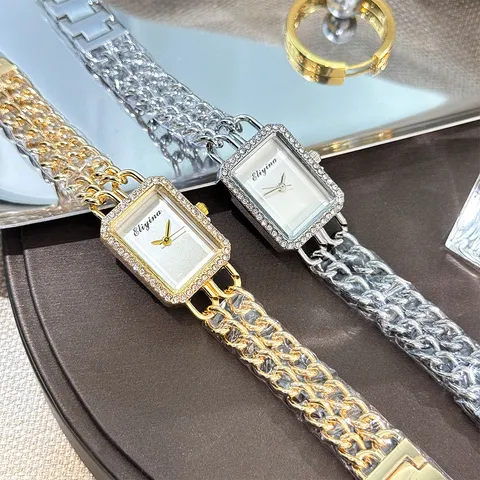 Mode Legierung Strass Rechteckiges Zifferblatt Uhr Für Damen Edelstahl Doppelreihige Kette Armband Quarzuhr Schmuck Geschenk