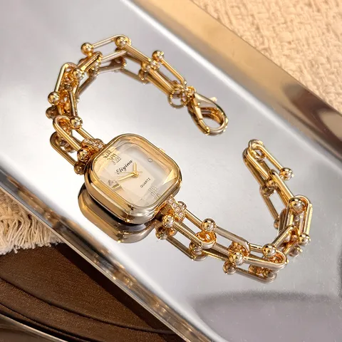Luxuriöse Kleine Quadratische Quarzuhr Für Damen Vintage Goldkette Armbanduhr Facettiertes Glas Mode Schmuck Armbanduhr