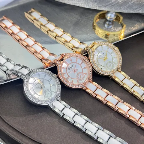 Luxus Mode Damen Quarzuhr Strass Lünette Keramik-Look Legierung Armband Rundes Zifferblatt Armbanduhr Damen Elegante Uhr