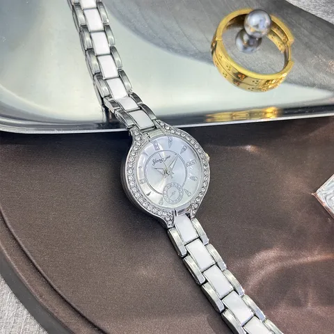 Luxus Mode Damen Quarzuhr Strass Lünette Keramik-Look Legierung Armband Rundes Zifferblatt Armbanduhr Damen Elegante Uhr