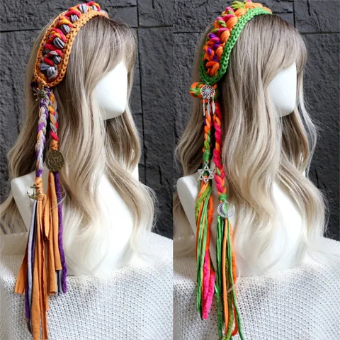 Donne Vintage Fatto a Mano Uncinetto Fascia Colorato Nappa Fascia per Capelli Stile Bohemien Pastorale Accessori per Capelli