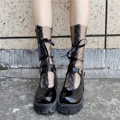 Lolita Cristallo Vetro Pizzo Calzini Corti Ultra-Sottile Trasparente Rete Seta Calzetteria JK Fiocco Bendaggio Fata Calzini