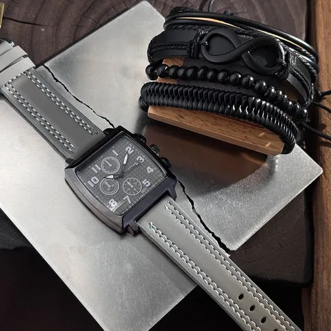 Men's Square Quartz Watch Bracelet Fashion Alloy Case Faux Leather Strap Black Case Casual Wristwatch Braided Bracelet