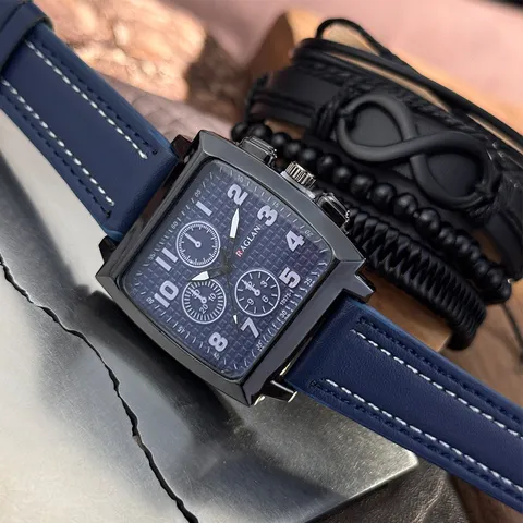 Men's Square Quartz Watch Bracelet Fashion Alloy Case Faux Leather Strap Black Case Casual Wristwatch Braided Bracelet