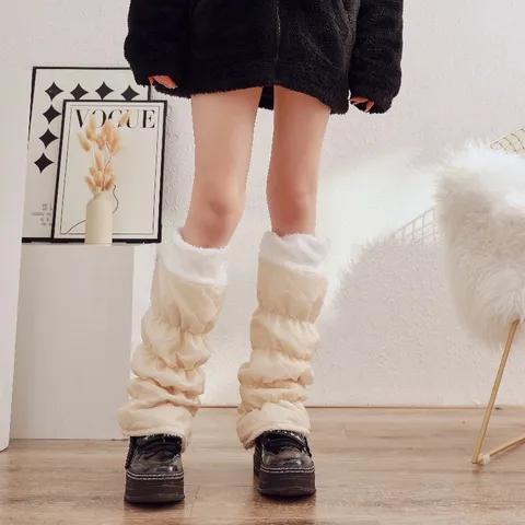 Women Winter Warm Fleece Lined Leg Warmers Quilted Drawstring Plush Cuffs Thermal High Tube Socks Fashion Outdoor Wear