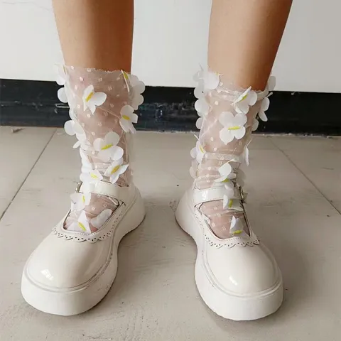 Women Sweet Lolita Style 3D Floral Mesh Mid Calf Socks Cute Sheer Lace Short Hosiery Summer Thin Casual Socks