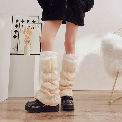 Women Winter Warm Fleece Lined Leg Warmers Quilted Drawstring Plush Cuffs Thermal High Tube Socks Fashion Outdoor Wear