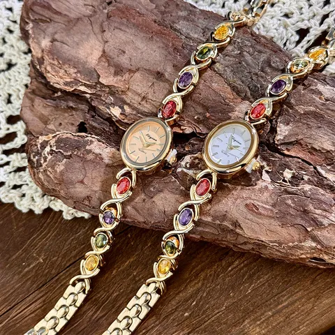 Vintage Women's Rhinestone Quartz Watch Exquisite Oval Dial Alloy Bracelet Watch With Colorful Faux Gemstones Jewelry Gift