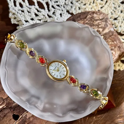 Vintage Women's Rhinestone Quartz Watch Exquisite Oval Dial Alloy Bracelet Watch With Colorful Faux Gemstones Jewelry Gift