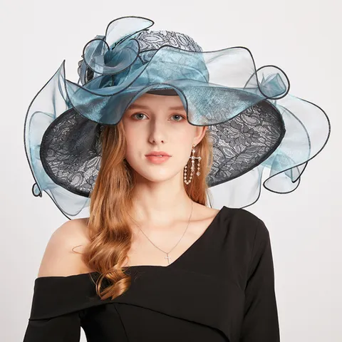 Women Organza Wide Brim Sun Hat Elegant Lace Splicing Flat Top Beach UV Protection Floppy Cap Travel Vacation