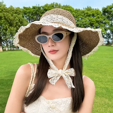 Women's Summer Straw Sun Hat Lace Trim Bowknot Tie Beach Vacation Wide Brim Sunshade Hat