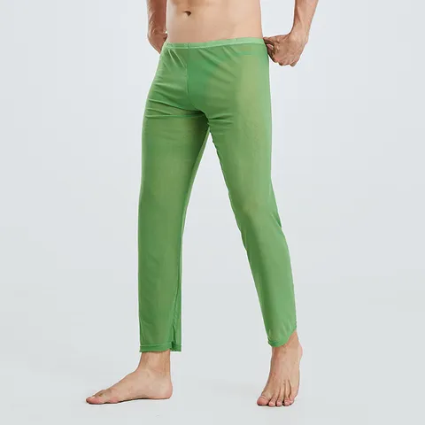 Men Transparent Mesh Casual Pants Breathable Sheer Stretch Leggings Thin Sexy Sleep Lounge Trousers