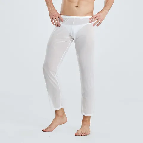 Men Transparent Mesh Casual Pants Breathable Sheer Stretch Leggings Thin Sexy Sleep Lounge Trousers